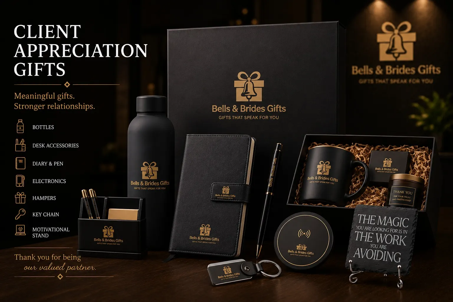 Client appreciation gift set with bottle, desk accessories, diary and keychain