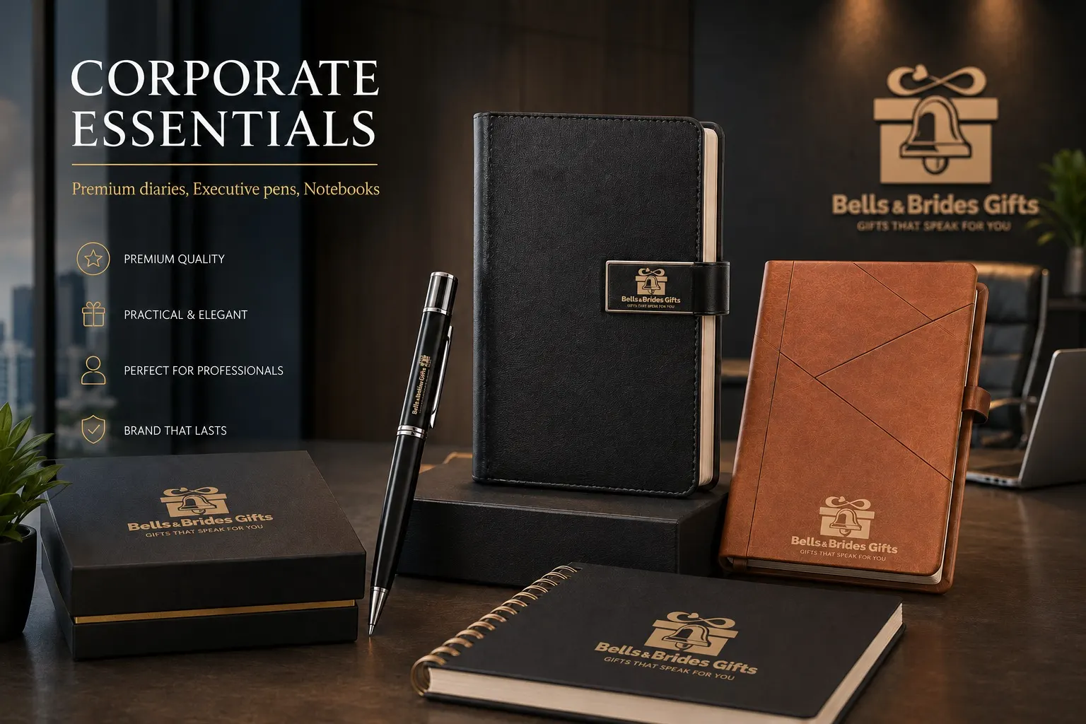 Corporate essentials kit with leather notebook, executive pen and diary