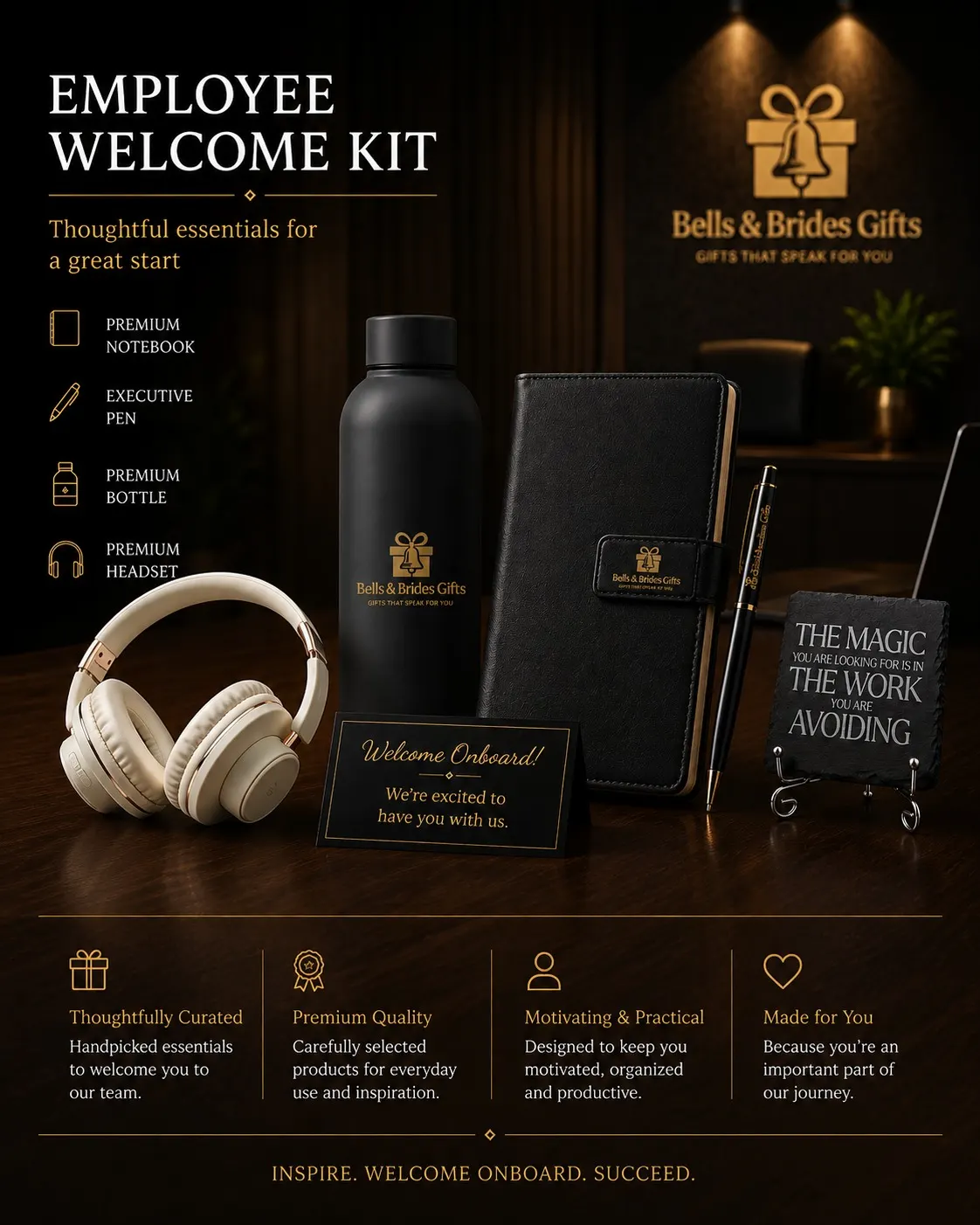 Employee welcome kit with notebook, bottle, headphones and welcome card