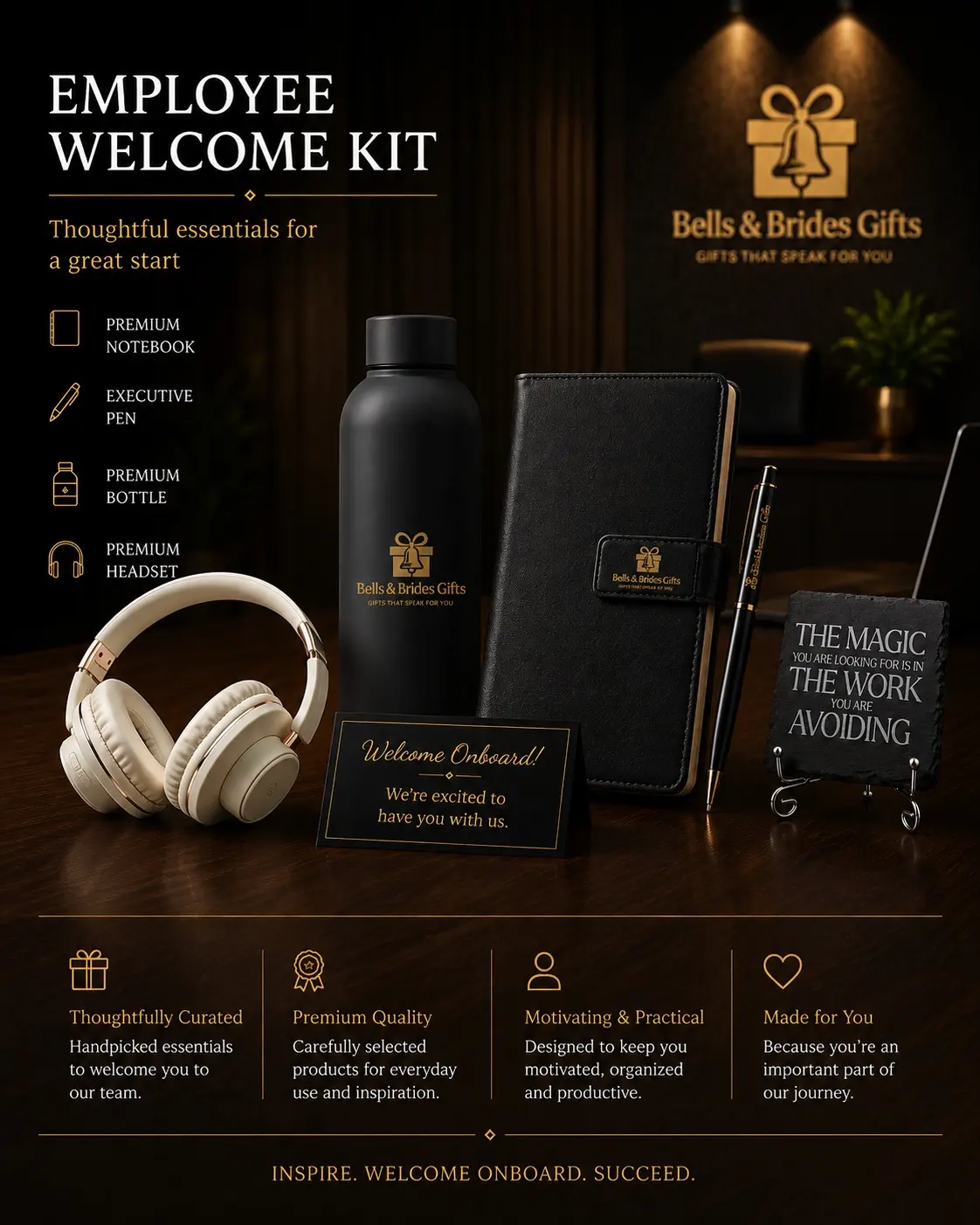 Employee welcome kit with notebook, bottle, headphones and welcome card