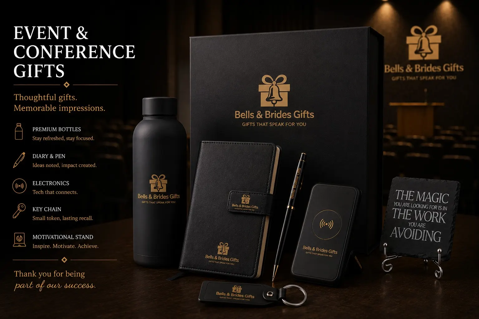 Event and conference gift set with bottle, notebook, electronics and keychain