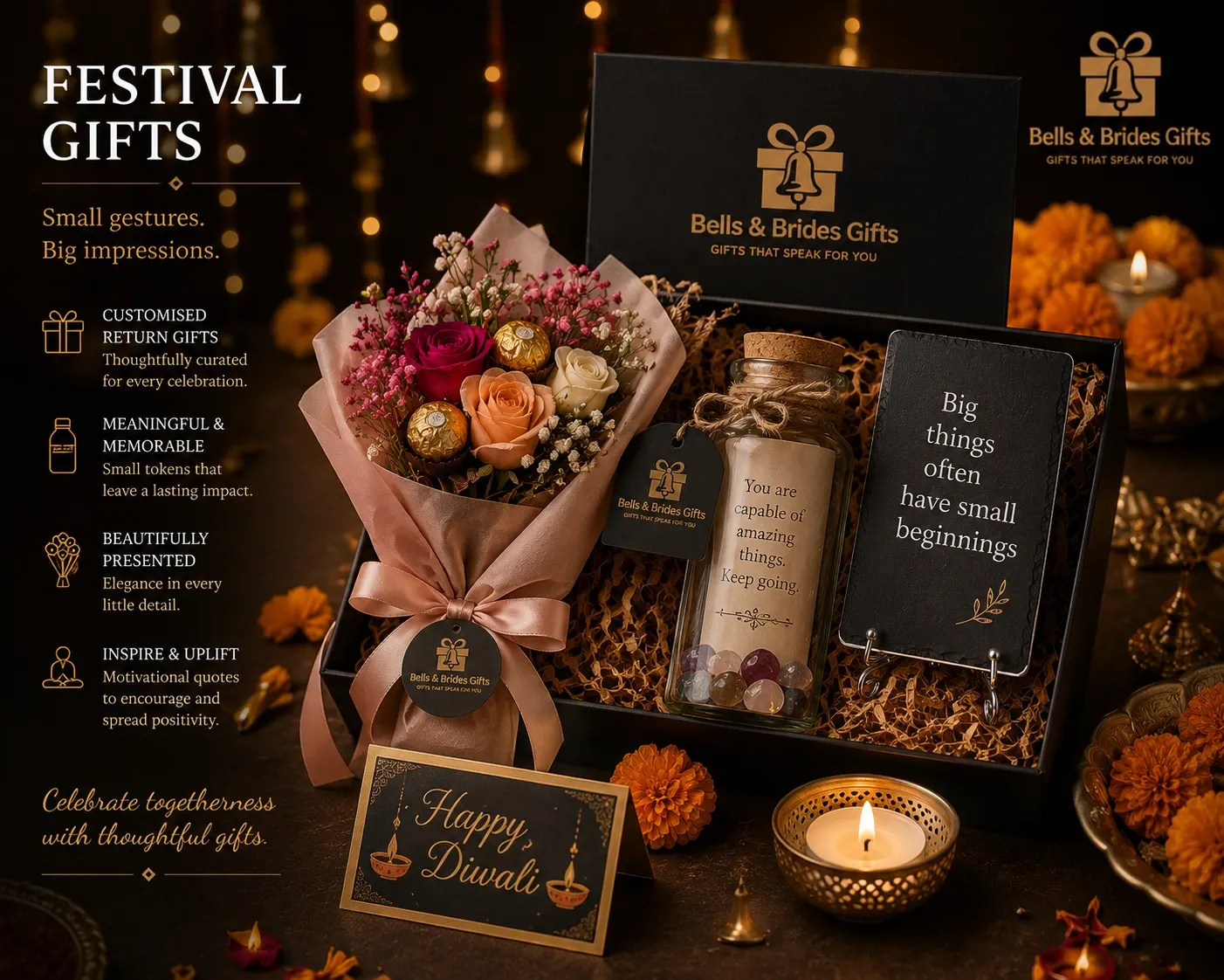 Festival gift hamper with dried flower bouquet, jar, candle and Diwali card